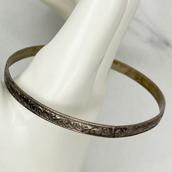 Vintage Mexico Silver Tone Scroll Flourish Skinny Bangle Bracelet ✨ - Picture 1 of 7